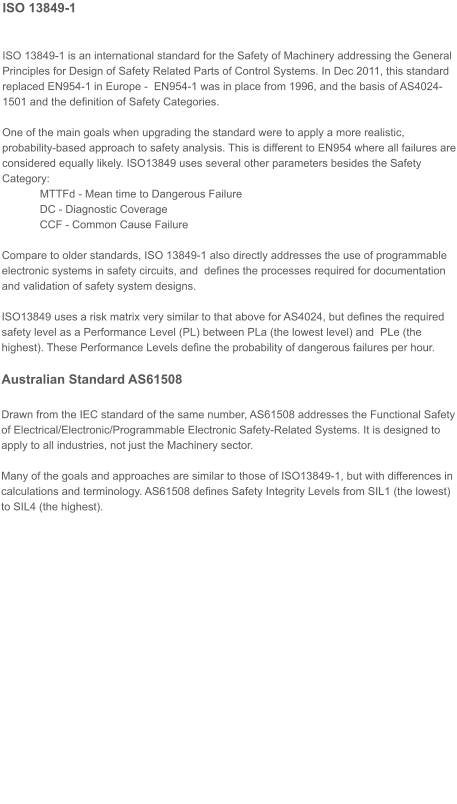 ISO 13849-1   ISO 13849-1 is an international standard for the Safety of Machinery addressing the General Principles for Design of Safety Related Parts of Control Systems. In Dec 2011, this standard replaced EN954-1 in Europe -  EN954-1 was in place from 1996, and the basis of AS4024-1501 and the definition of Safety Categories.  One of the main goals when upgrading the standard were to apply a more realistic, probability-based approach to safety analysis. This is different to EN954 where all failures are considered equally likely. ISO13849 uses several other parameters besides the Safety Category: MTTFd - Mean time to Dangerous Failure DC - Diagnostic Coverage CCF - Common Cause Failure  Compare to older standards, ISO 13849-1 also directly addresses the use of programmable electronic systems in safety circuits, and  defines the processes required for documentation and validation of safety system designs.  ISO13849 uses a risk matrix very similar to that above for AS4024, but defines the required safety level as a Performance Level (PL) between PLa (the lowest level) and  PLe (the highest). These Performance Levels define the probability of dangerous failures per hour.  Australian Standard AS61508  Drawn from the IEC standard of the same number, AS61508 addresses the Functional Safety of Electrical/Electronic/Programmable Electronic Safety-Related Systems. It is designed to apply to all industries, not just the Machinery sector.  Many of the goals and approaches are similar to those of ISO13849-1, but with differences in calculations and terminology. AS61508 defines Safety Integrity Levels from SIL1 (the lowest) to SIL4 (the highest).